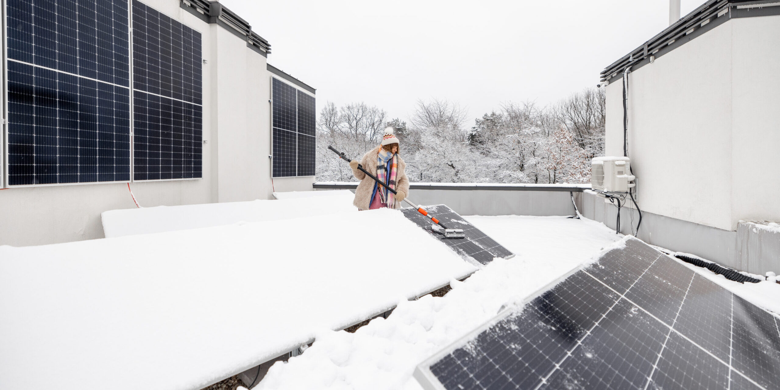 Kobieta czyści panele sloneczne ze śniegu